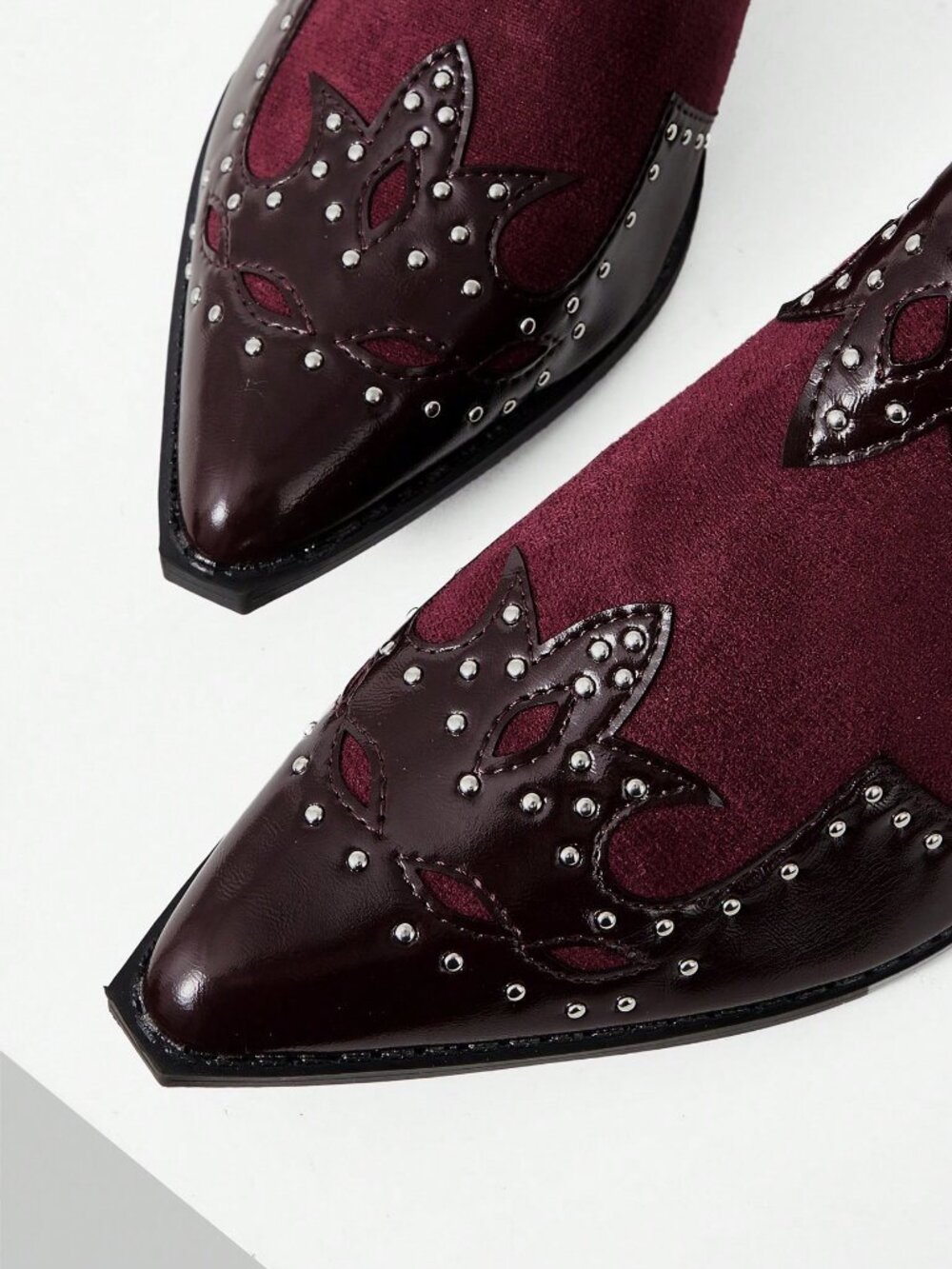 Burgundy Casual Women's Textured Patchwork Mule Chunky Heel Slip-On Shoes - Picture 7 of 9
